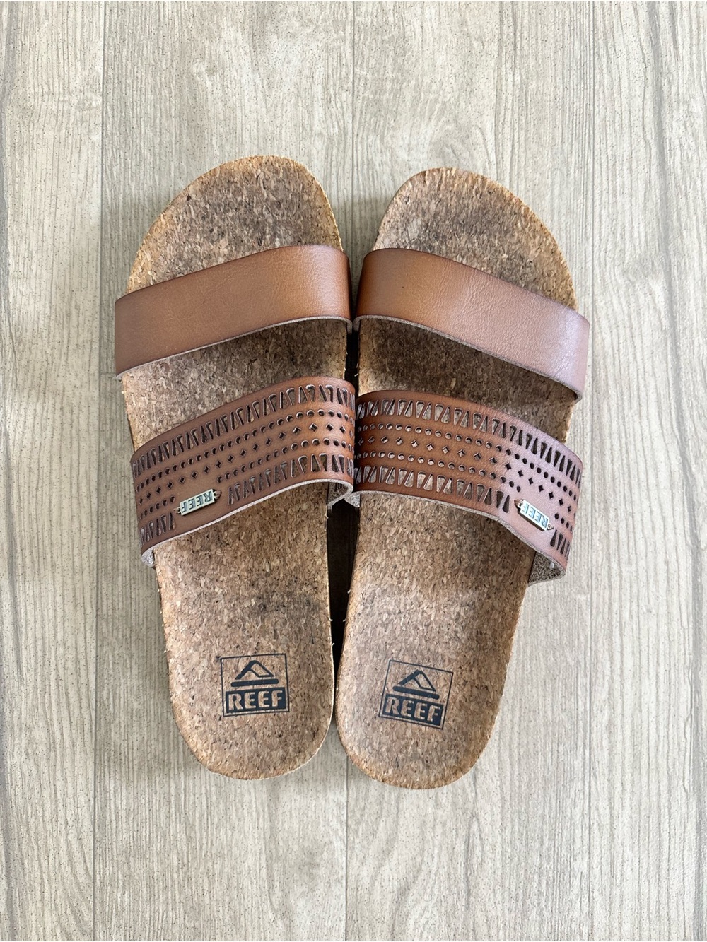 REEF womans Brown Dual-Band Cork Slide Sandals